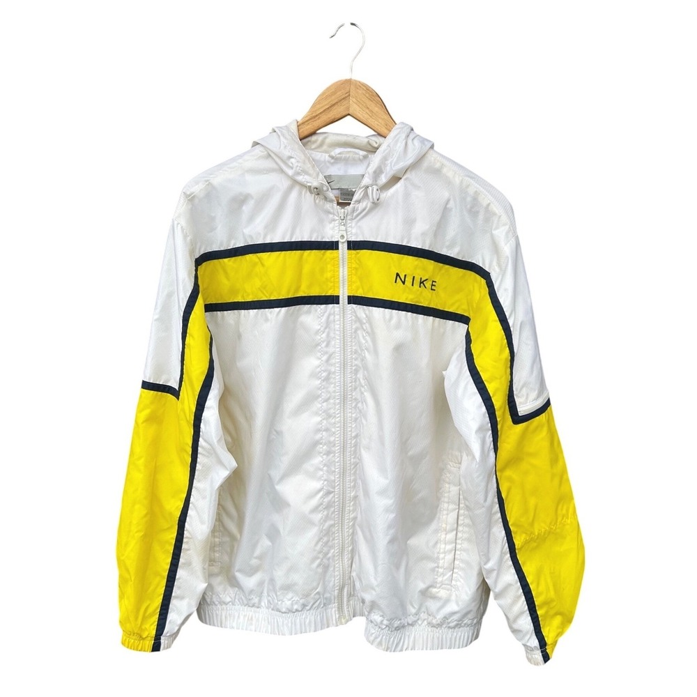 Vintage Y2K Nike Women's Center Swoosh White Yellow Hooded Windbreaker Jacket L